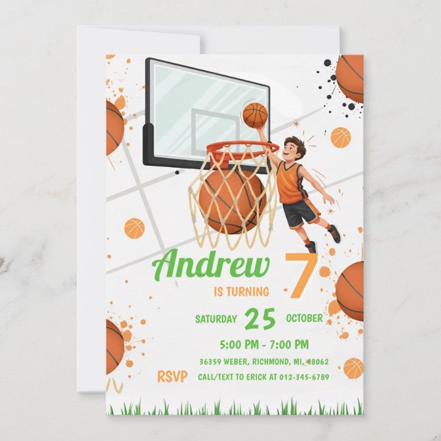 Anpassad basketbollsfödelsedagsfest inbjudningar (Framsida)