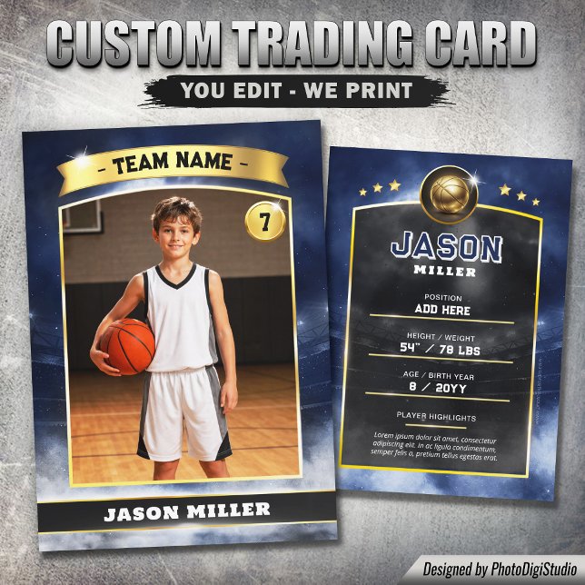 Anpassad basketbollshandelsaffisch, Blue Gold Stad (Custom Basketball Trading Card, Blue Gold Stadium Player Card)