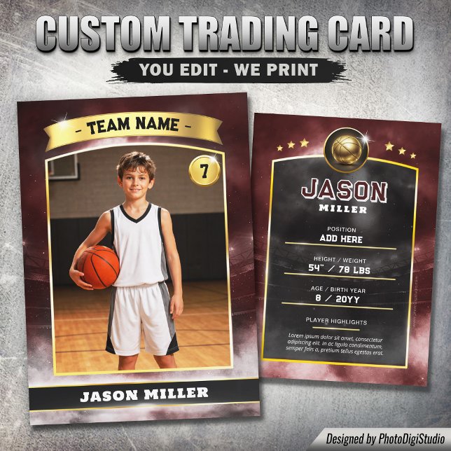 Anpassad basketbollshandelsaffisch, röd guld arena (Custom Basketball Trading Card, Red Gold Stadium Player Card)