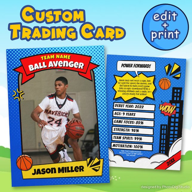 Anpassad basketbollshandelsaffisch, seriefigur-bas (Custom Basketball Trading Card, Comic Baller Card)
