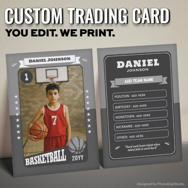 Anpassad basketbollshandelsplakett, grå retrospela (Custom Basketball Trading Card, Gray Retro Player Card)