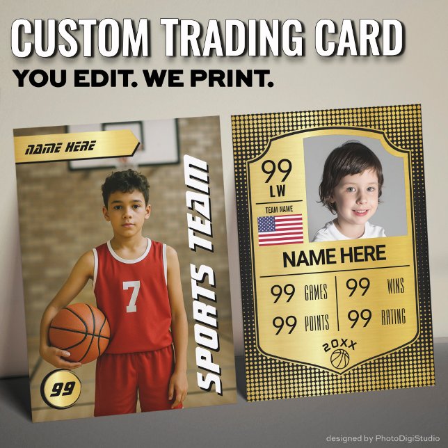 Anpassad basketbollshandelsplakett, guldsköld spel (Custom Basketball Trading Card, Gold Shield Player Card)