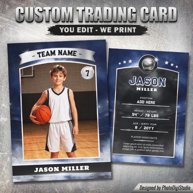 Anpassad basketbollshandelsplansch i blå silverfär (Custom Basketball Trading Card Blue Silver Stadium Player Card)