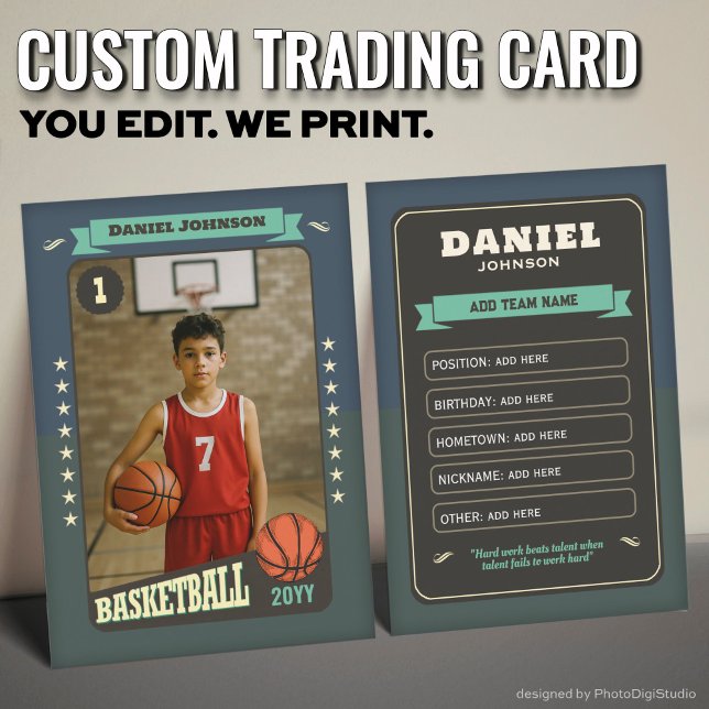 Anpassad basketshandelsplakett, Teal Retro-spelare (Custom Basketball Trading Card, Teal Retro Player Card)