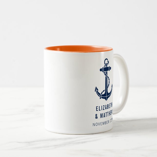 Anpassad båtförankring Navy Blue Strandbröllop Två-Tonad Mugg (Framsida höger)