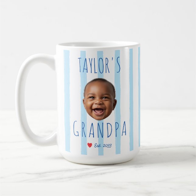 Anpassad Bebis Ansikte Farfar Foto Blå Ränder Est Kaffemugg (Vänster)