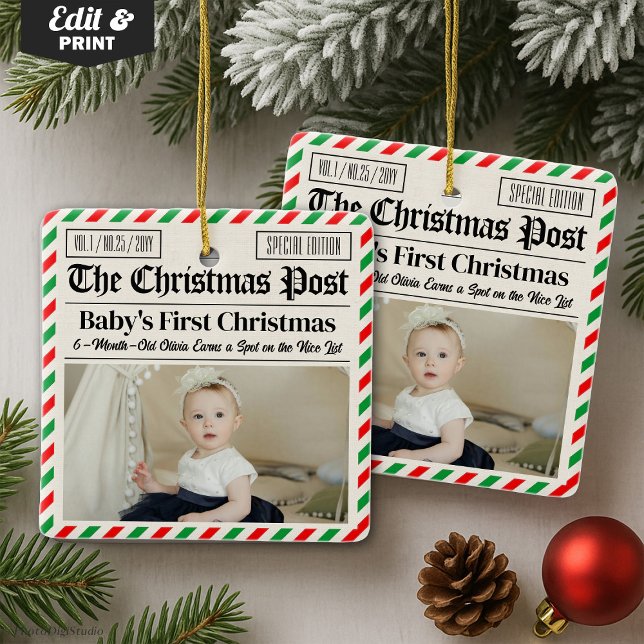 Anpassad Bebis Första Jul Tidning Julgransprydnad Keramik (Custom Baby's First Christmas Newspaper Ceramic Ornament)