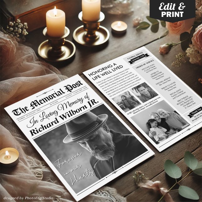 Anpassad begravnings tidning med program, minnesko julkort (Custom Newspaper Funeral Program Card, Photo Memorial Card)