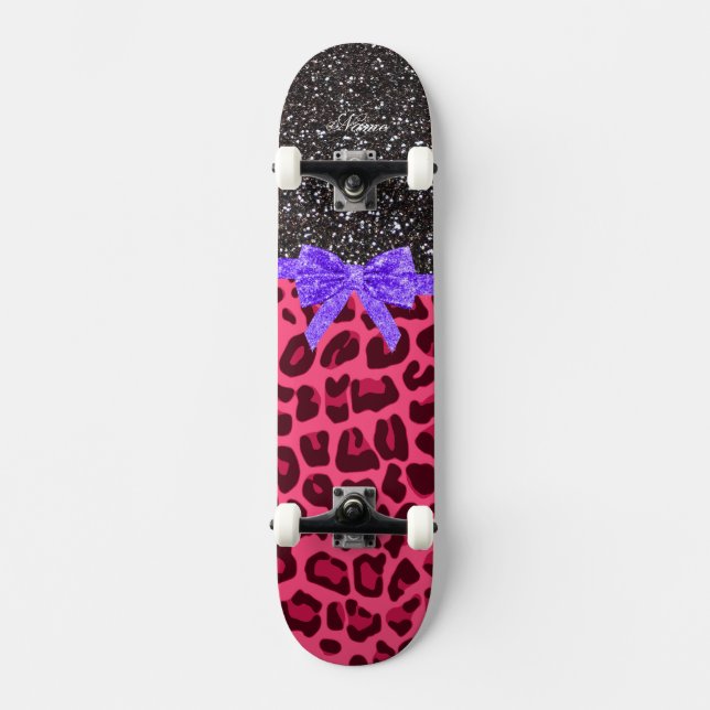 Anpassad benämning mörk grått glitter rosa leopard skateboard bräda 19,5 cm (Framsida)