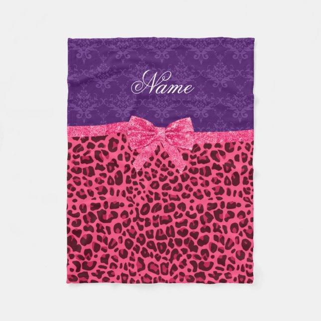 Anpassad benämning rosa leopard lila damask båge fleecefilt (Framsidan)