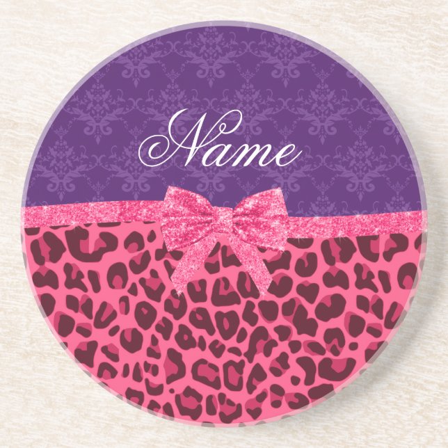 Anpassad benämning rosa leopard lila damask båge underlägg sandsten (Framsidan)