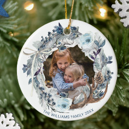 Anpassad bild, elegant blå vit julkrans julgransprydnad keramik
