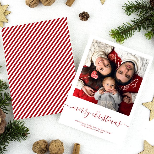 Anpassad bild God Jul röd handskrift minimalistisk Julkort (Skapare uppladdad)