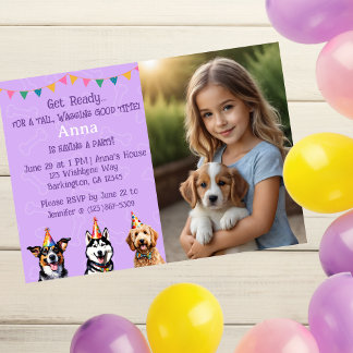 Anpassad bild lila valp hund födelsedagsfest inbjudningar
