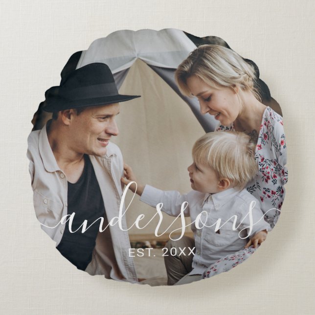 Anpassad bild med familjenamn och etableringsår rund kudde (Framsidan)
