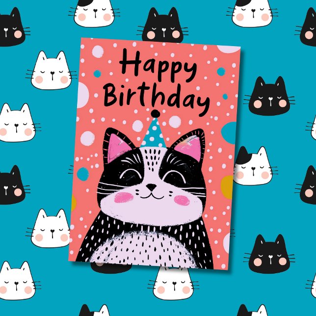 Anpassad bild & namn | Söt svart kattillustration Kort (Birthday Card with Kids Art)