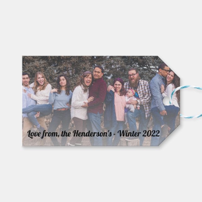 Anpassad bild och meddelande svart text presentetikett (Framsidan (Horisontell))