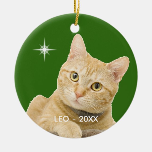 Anpassad bild på röd randig katt på grön julgransprydnad keramik (Framsidan)