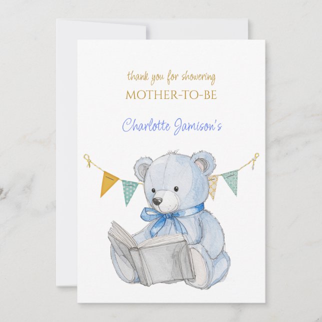 Anpassad björn läser en bok Tack Baby Shower Kort (Framsida)