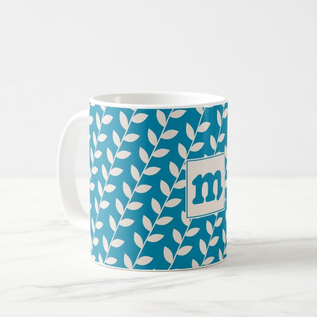 Anpassad Blå 70-tals Retro Bladmönster Monogram Kaffemugg (Framsida vänster)