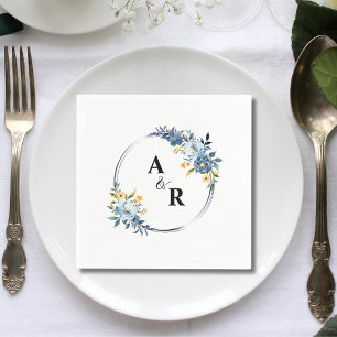 Anpassad blå blom- botanisk monogram- bröllop pappersservett