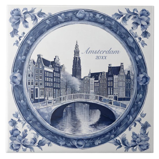 Anpassad blå Delft Amsterdam souvenir Kakelplatta (Framsidan)