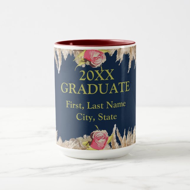 Anpassad Blå & Guld Blommig, 2026 Examen Mugg (Center)