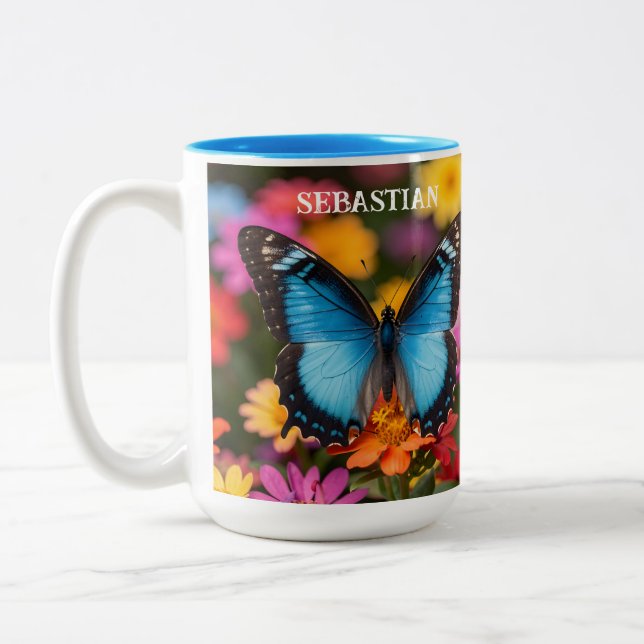 Anpassad blå Morpho fjäril blom- botanisk  Två-Tonad Mugg (Vänster)