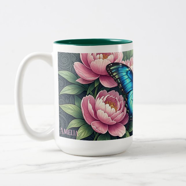 Anpassad blå Morpho fjäril Blommig monogram Två-Tonad Mugg (Vänster)