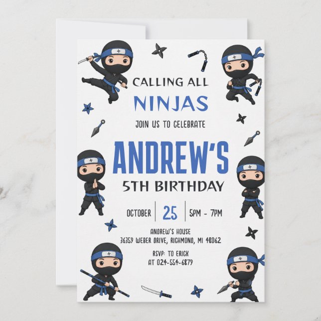 Anpassad blå ninja pojke Warrior födelsedagsfest  Inbjudningar (Framsida)