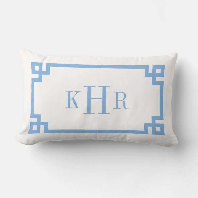 Anpassad blå och vit grekisk nyckelmonogram lumbarkudde (Framsida)