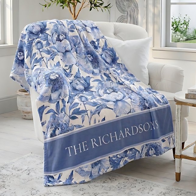 Anpassad blå och vit kineseri blomsterdesign fleecefilt (Custom Blue and White Chinoiserie Floral Pattern Fleece Blanket)