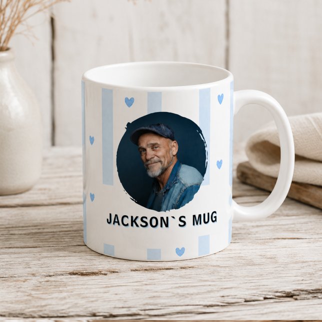Anpassad blå ränder hjärta foto namn mugg  (Custom Photo Name Mug Blue Stripes Heart)