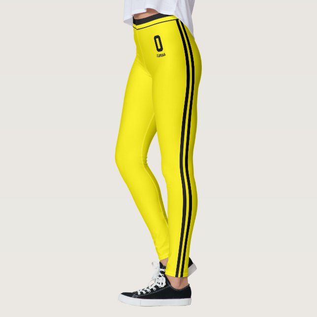Anpassad Bländande Gul Svarta Ränder Monogram Leggings (Vänster)