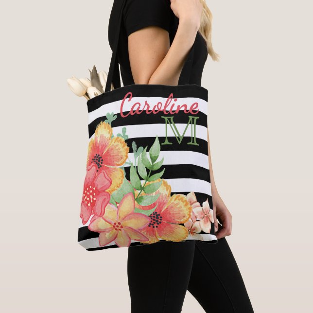 Anpassad Blommig Akvarell Svart Vit Randig Tygkasse (Närbild)