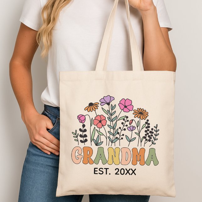 Anpassad blommig mormors handväskor, Mormors prese Tygkasse (personalized wildflower grandma tote, custom name grandma gift, floral grandma tote bag, nana tote)
