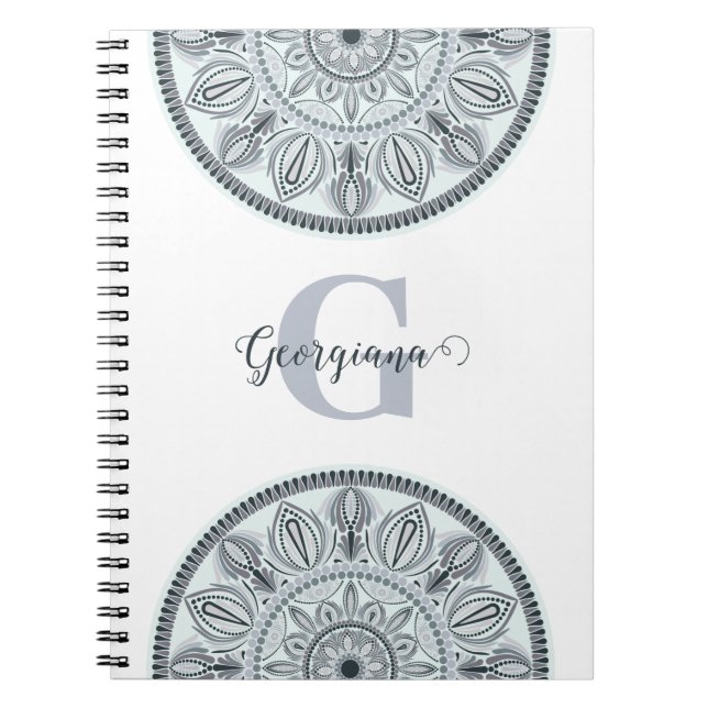 Anpassad Blommigt Harmony Grått Monotone Mandala Anteckningsbok (Framsidan)