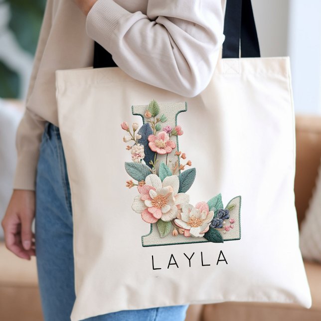 Anpassad blommonogram för brudtärna, bröllopsgåva tygkasse (Personalized Flower Monogram Wedding Favor Tote | Shabby Chic Floral Initial Tote Bag for Grandma)