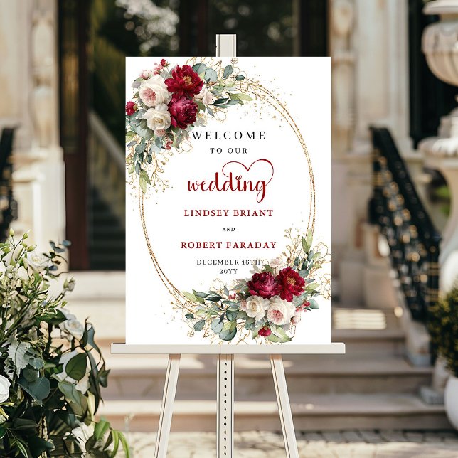 Anpassad blomster- gyllene akvarell bröllops välko poster (Custom floral gold watercolor wedding welcome sign print

)