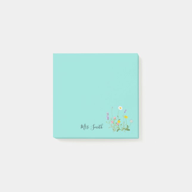 Anpassad blomster monogram tealblå post-it block (Framsida)
