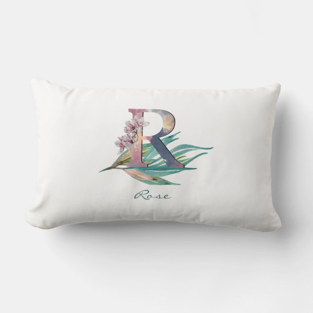 Anpassad blomster R-bokstav Vattenfärg Lövverk Mon Lumbarkudde (Framsida)