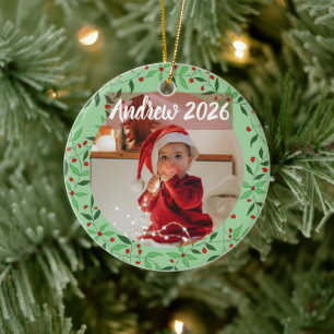 Anpassad blomsterdocka babyens första jul foto julgransprydnad keramik
