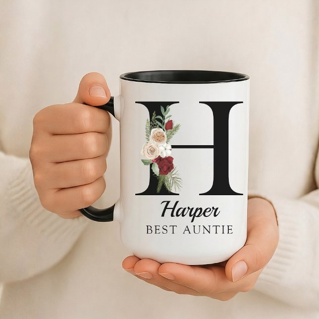 Anpassad blomsterinitial kaffekopp för faster mamm (Personalized Floral Alphabet Mug Gift for Mom, Teacher, Nurse, Doctor, Coworker, Boss or Bridesmaid)