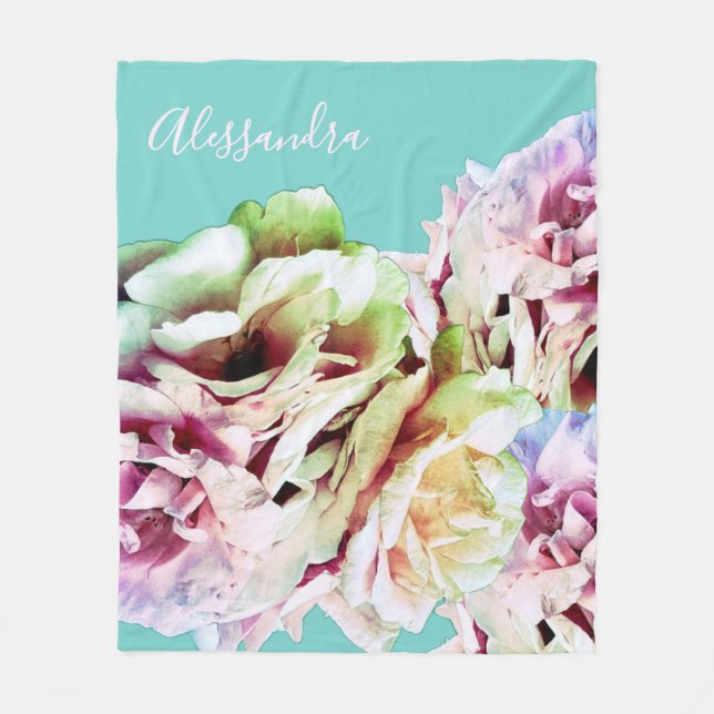 Anpassad blomsterpastell blå rosa gul botanisk  fleecefilt (Framsidan)