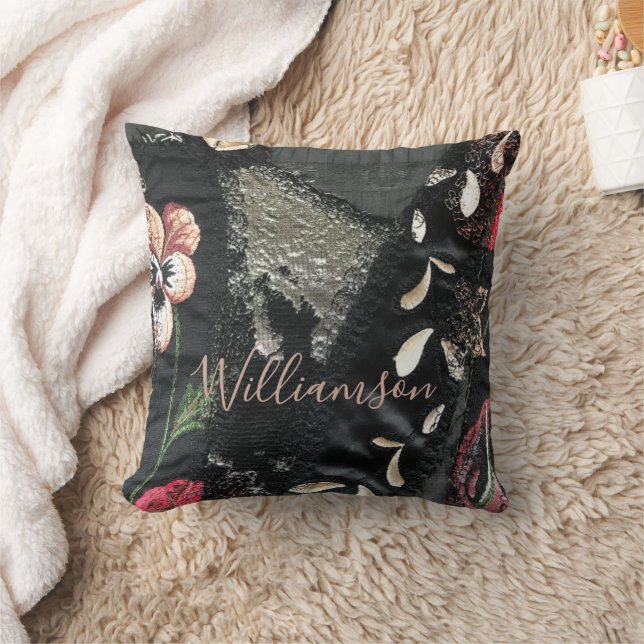 Anpassad blomsterpatchwork broderi look grå beige kudde (Filt)