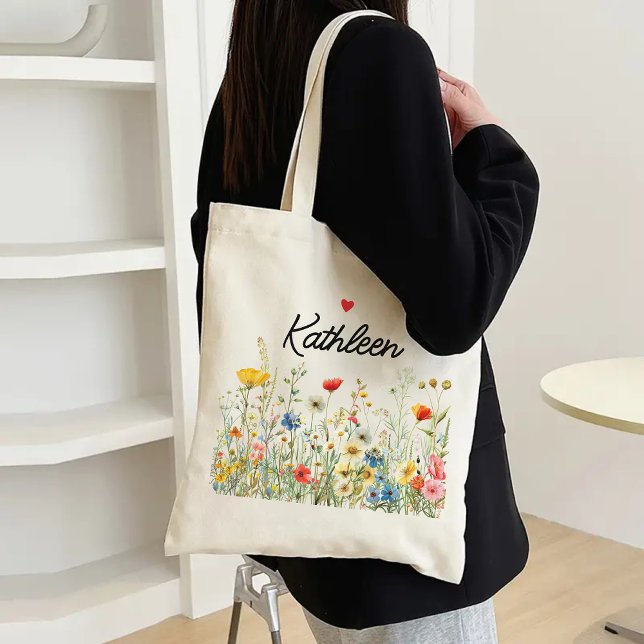 Anpassad blomtaska för Mamma, Brudtärnor & Lärare Tygkasse (wildflowers tote bag, floral tote for women, gift for mom, bridesmaid gift, bridesmaid proposal bag)