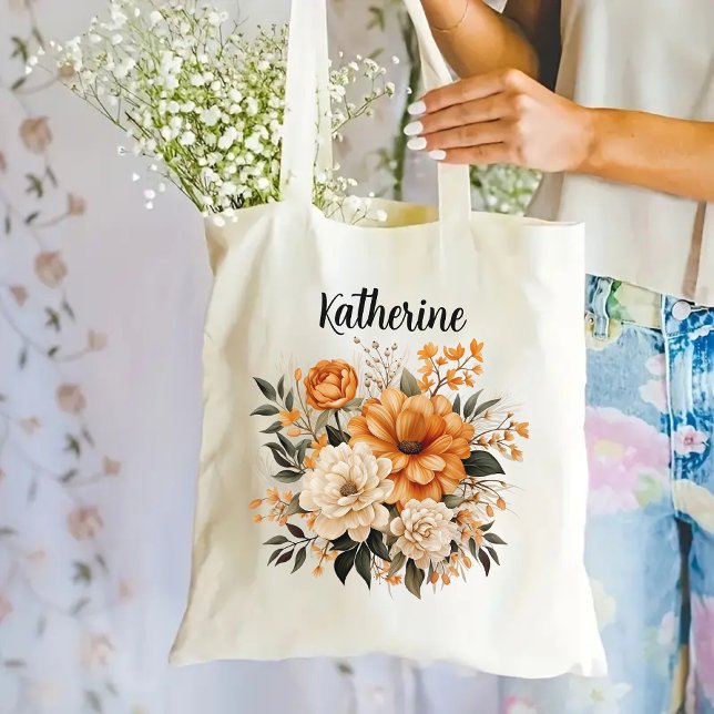 Anpassad blomtaska som present åt henne, brudtjej  tygkasse (floral tote bag, custom name tote, personalized tote, bridesmaid tote bag, bachelorette gift bag)