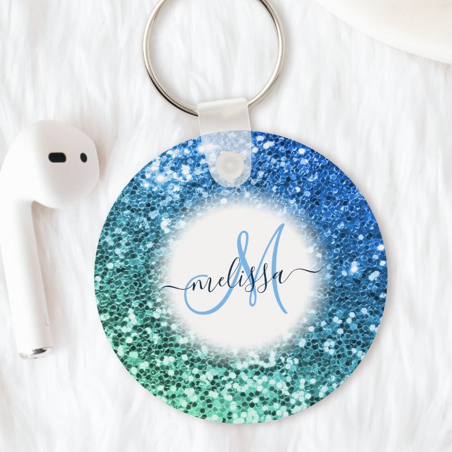 Anpassad Blue Glitter Sjöjungfru Monogram Namn Nyckelring (Skapare uppladdad)
