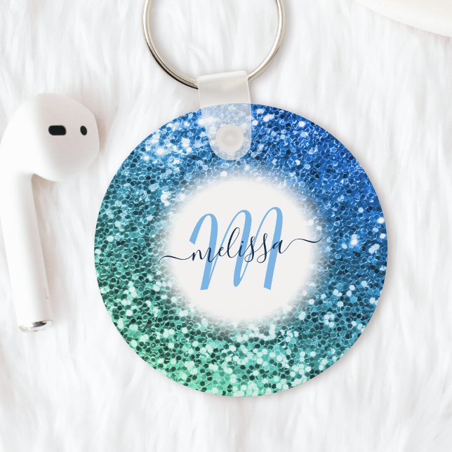 Anpassad Blue Glitter Sjöjungfru Monogram Namn Nyckelring (Skapare uppladdad)