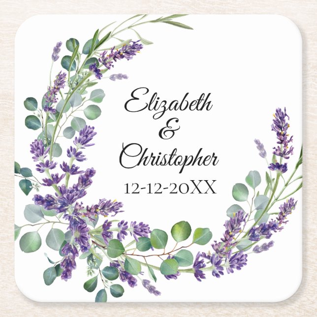 Anpassad Boho Lavendel Eukalyptus Bröllop Underlägg Papper Kvadrat (Framsidan)